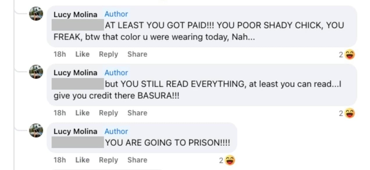 Molina's unique brand of communication on display: "BASURA!!!", "YOU ARE GOING TO PRISON!!!!"