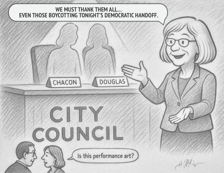 Pencil sketch political cartoon of a city council meeting, with Councilmember Susan Noble gesturing toward two empty chairs labeled for absent members as she speaks.